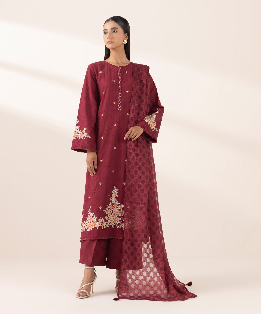 Women's Pret Yarn Dyed Red Embroidered A-Line Shirt