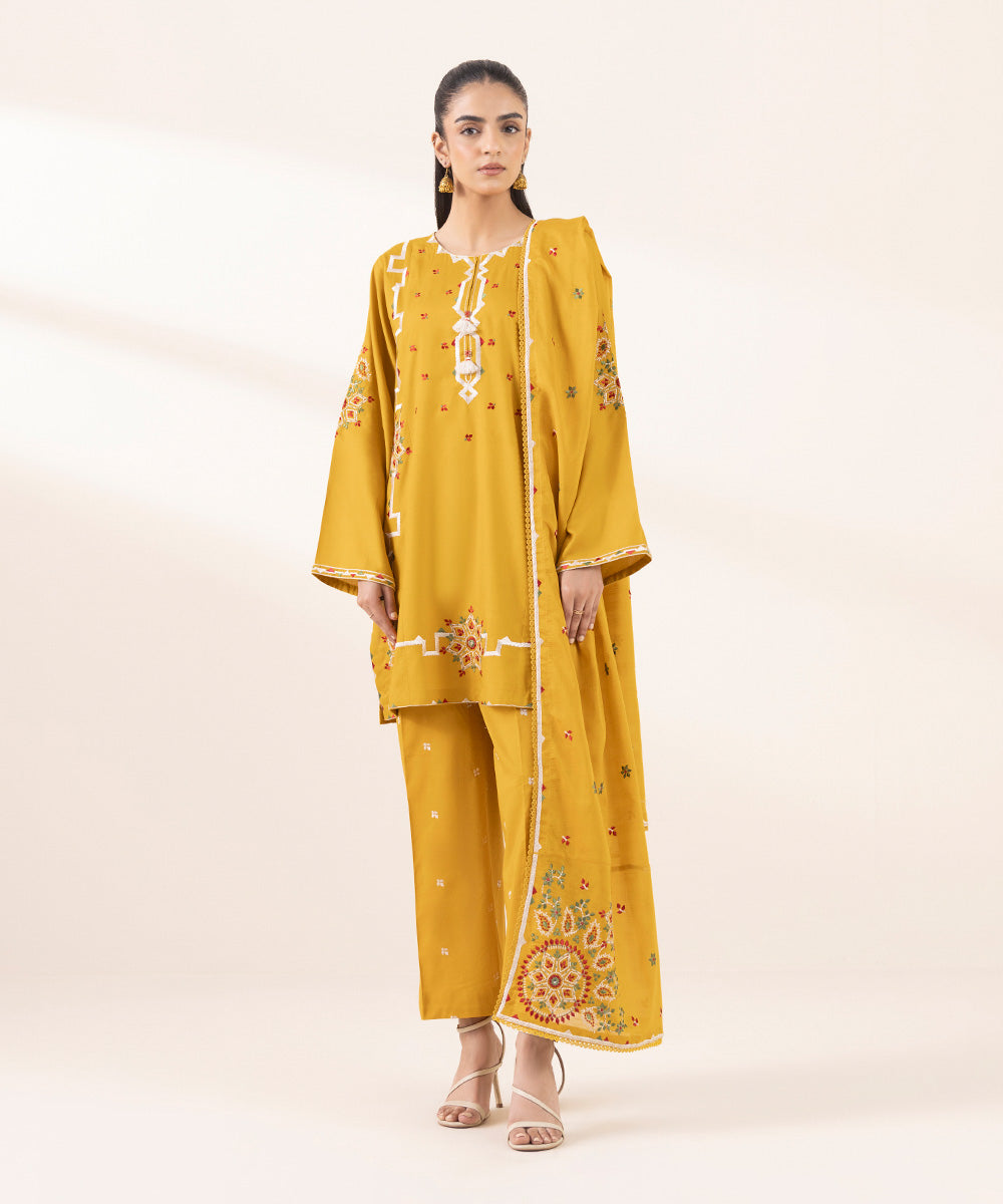 Textured Voile Yellow Embroidered Dupatta