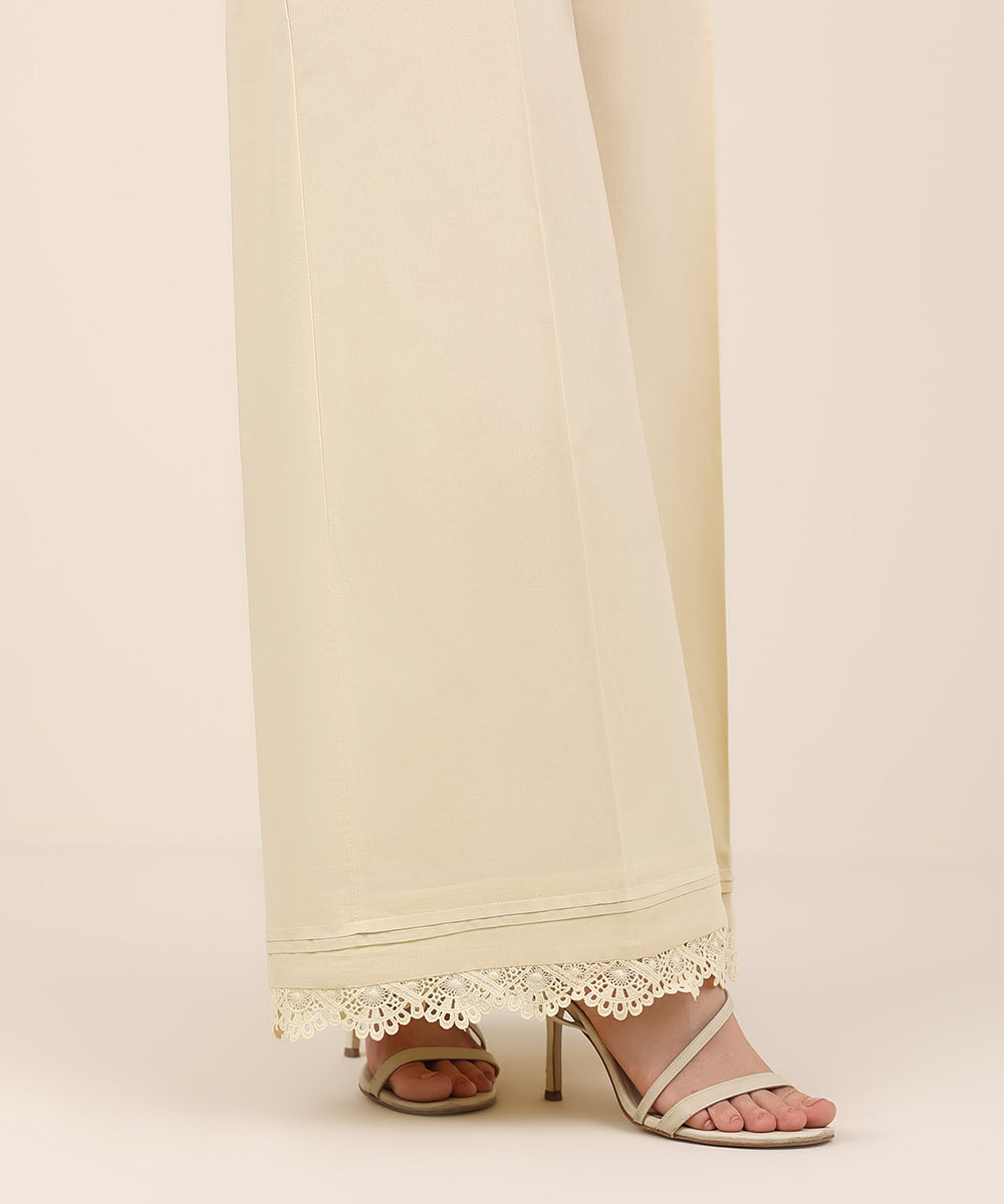 Women's RTW Cambric Beige Solid Flared Pants