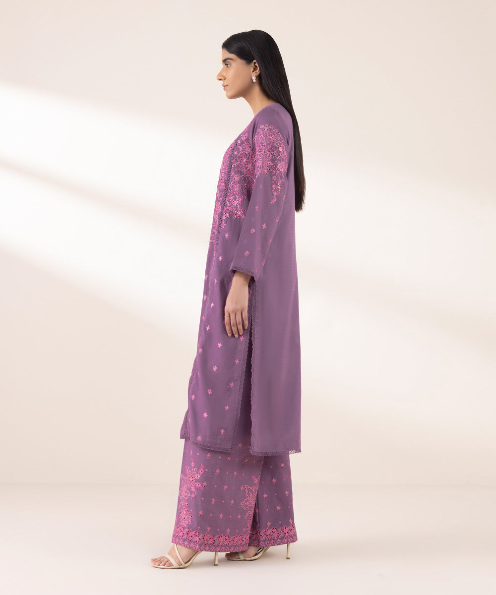 Women's RTW Dobby Purple Embroidered A-Line Shirt