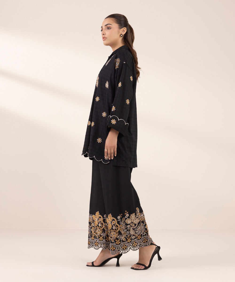 Women's RTW Dobby Black Embroidered Boxy Shirt