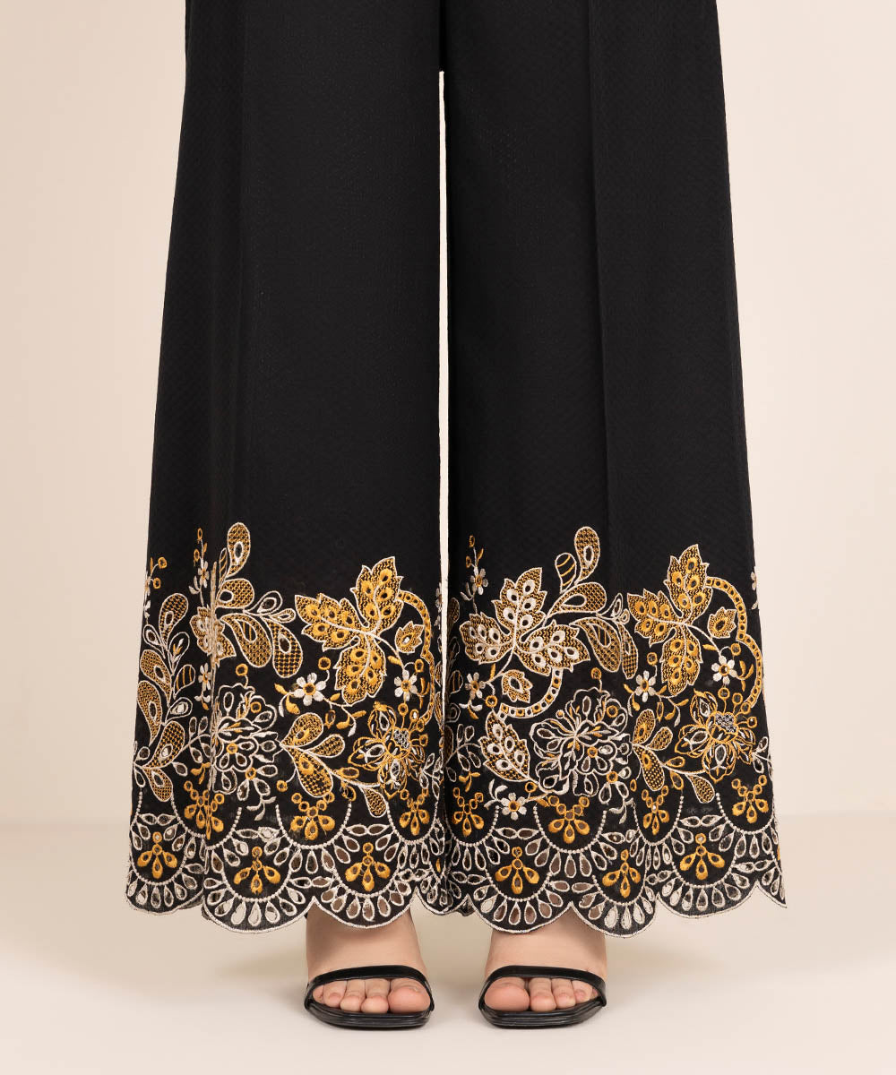 Women's RTW Textured Cotton Black Embroidered Culottes