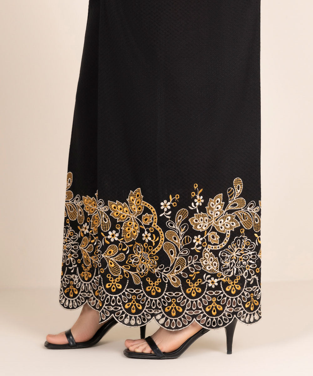 Women's RTW Textured Cotton Black Embroidered Culottes