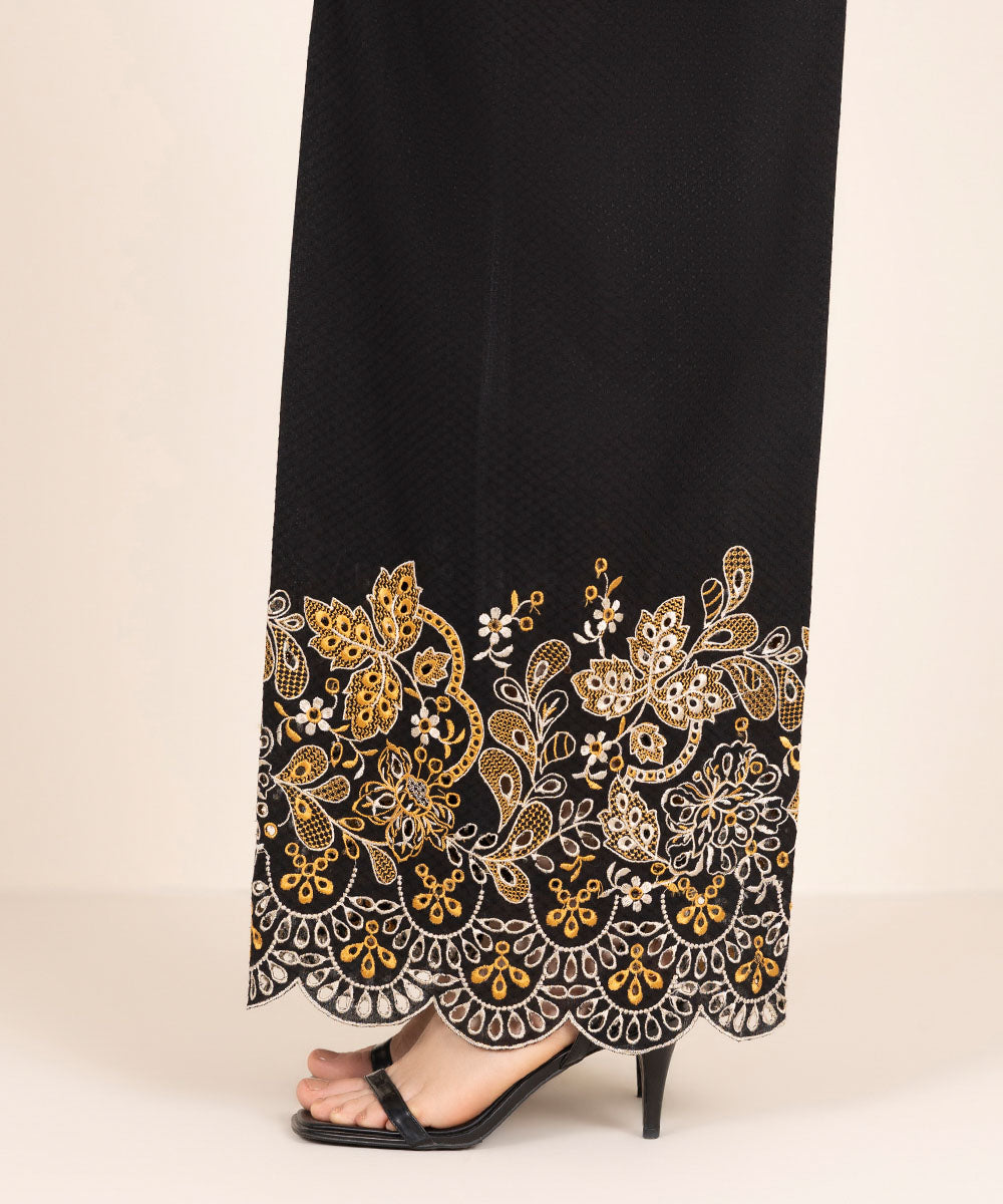 Women's RTW Textured Cotton Black Embroidered Culottes