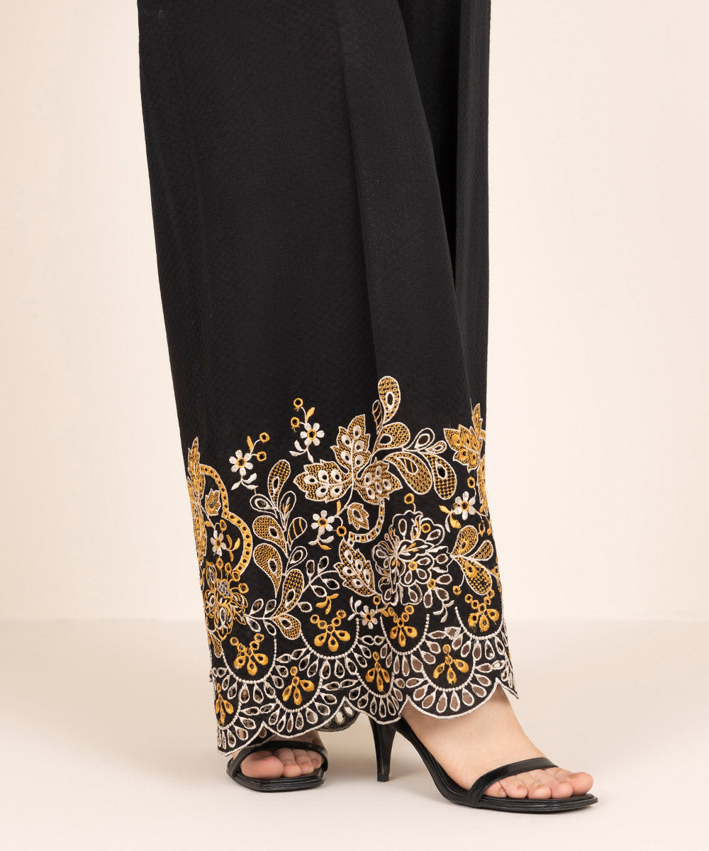 Women's RTW Textured Cotton Black Embroidered Culottes