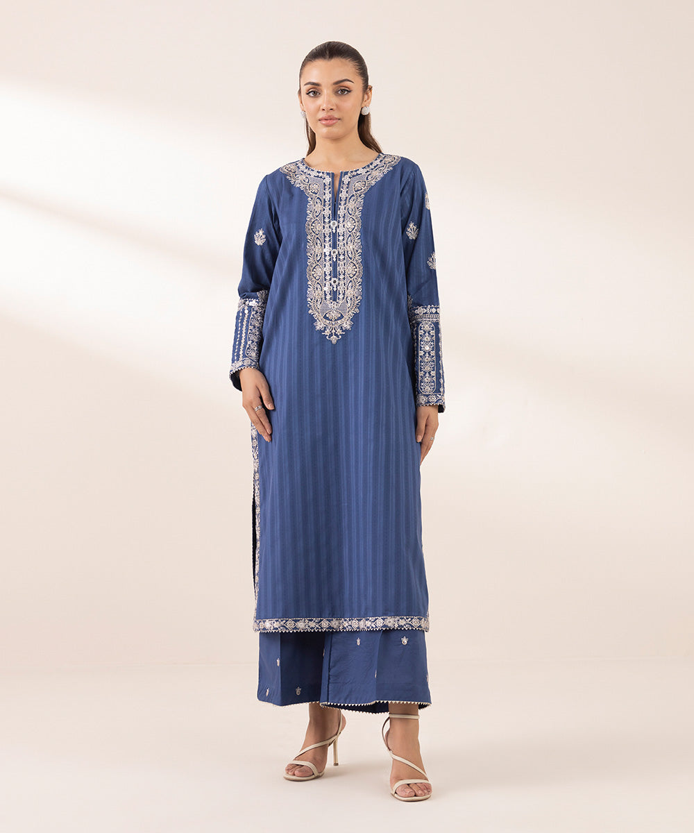 Women's RTW Dobby Blue Embroidered A-Line Shirt