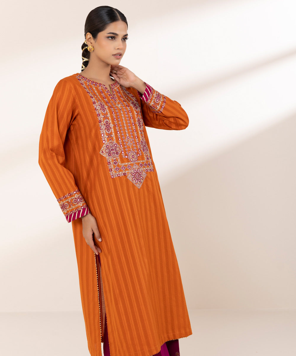Women's RTW Dobby Orange Embroidered A-Line Shirt