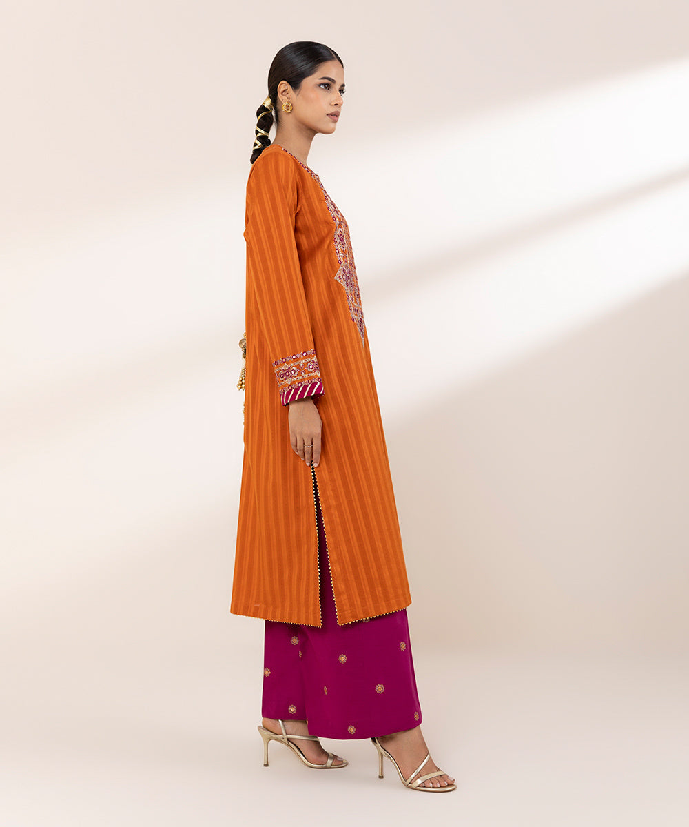 Women's RTW Dobby Orange Embroidered A-Line Shirt