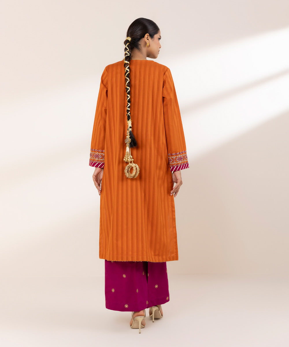 Women's RTW Dobby Orange Embroidered A-Line Shirt