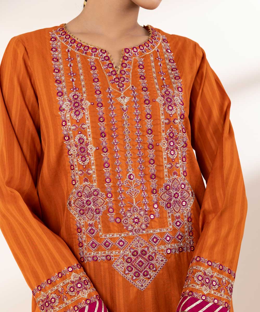 Women's RTW Dobby Orange Embroidered A-Line Shirt