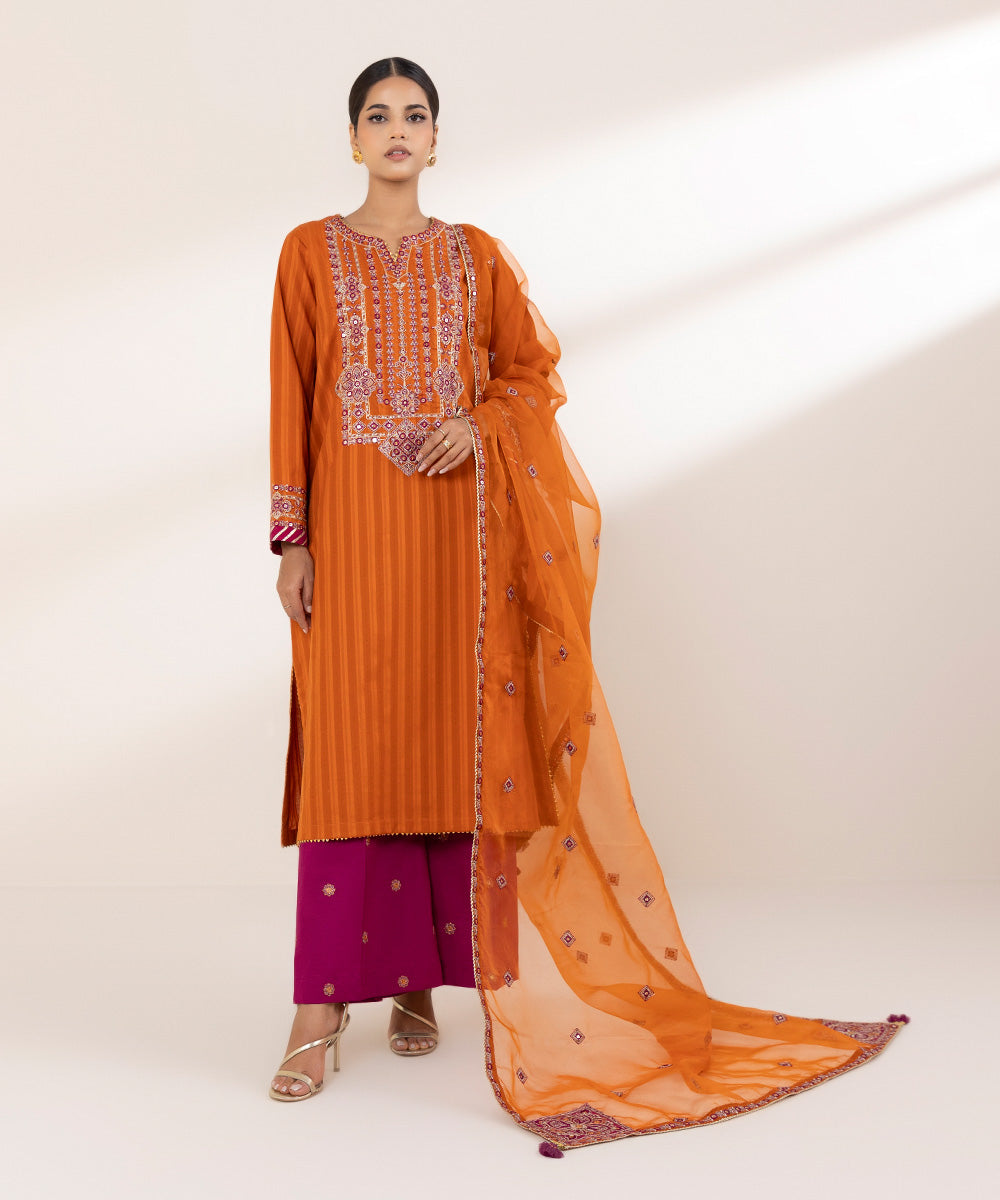 Women's RTW Dobby Orange Embroidered A-Line Shirt