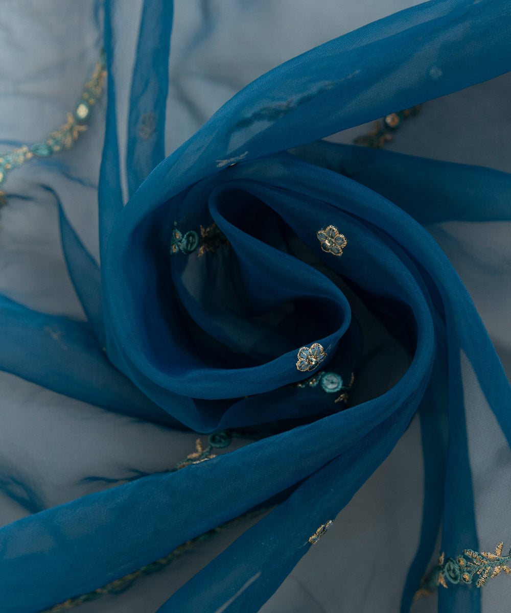 Blended Organza Blue Embroidered Dupatta