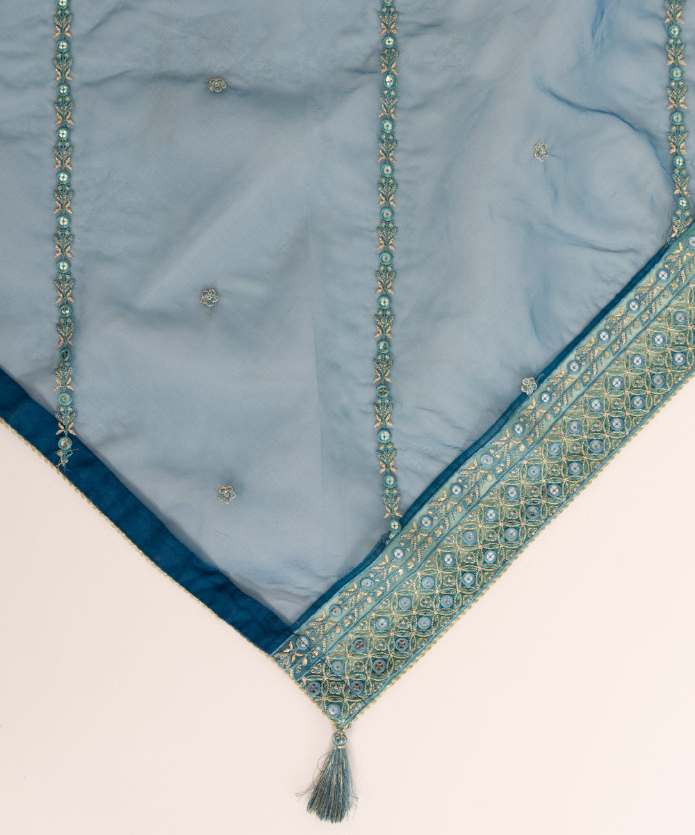 Blended Organza Blue Embroidered Dupatta