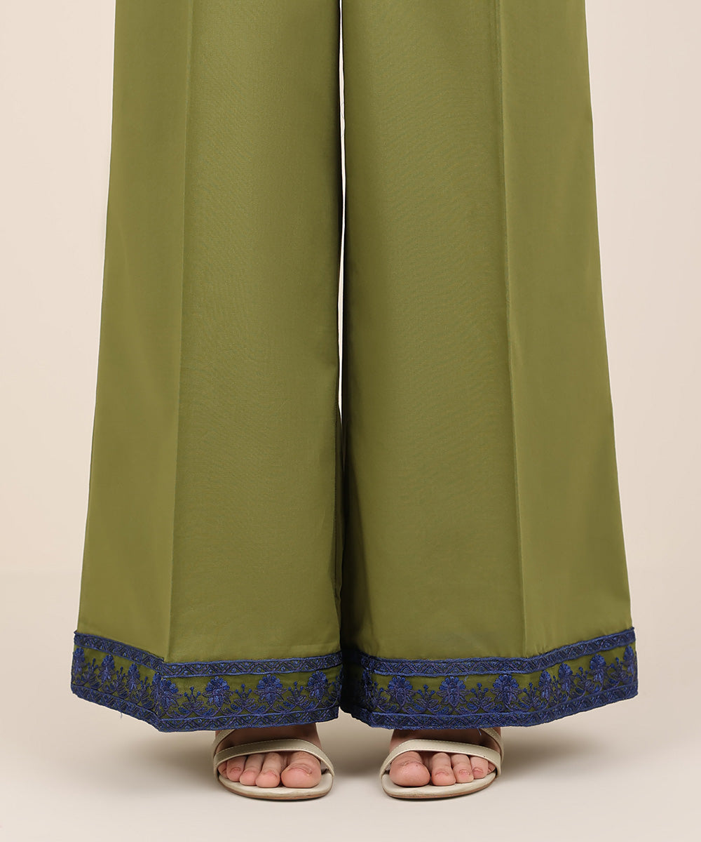 Women's RTW Cambric Green Embroidered Flared Pants