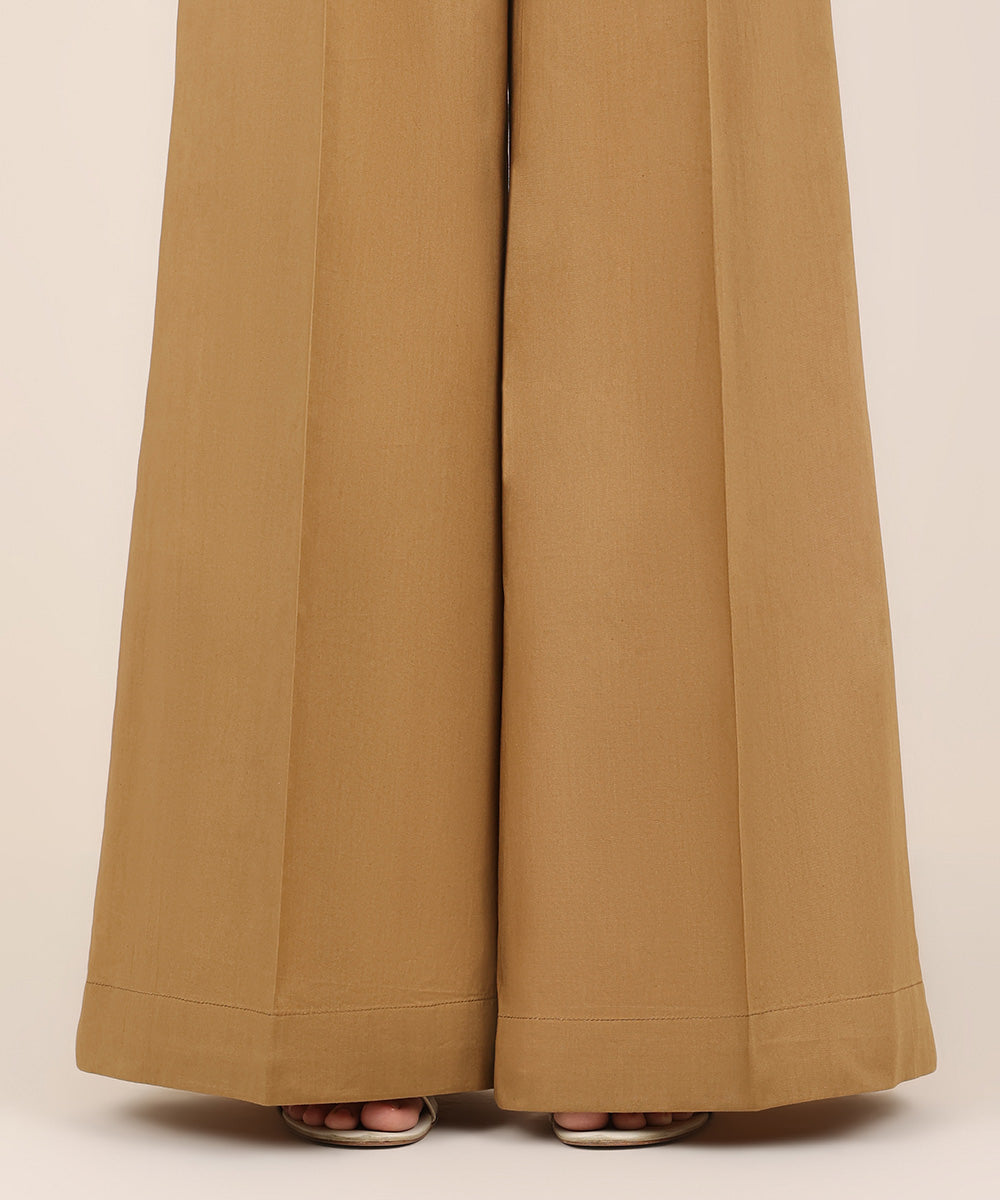 Women's RTW Cambric Brown Solid Flared Pants