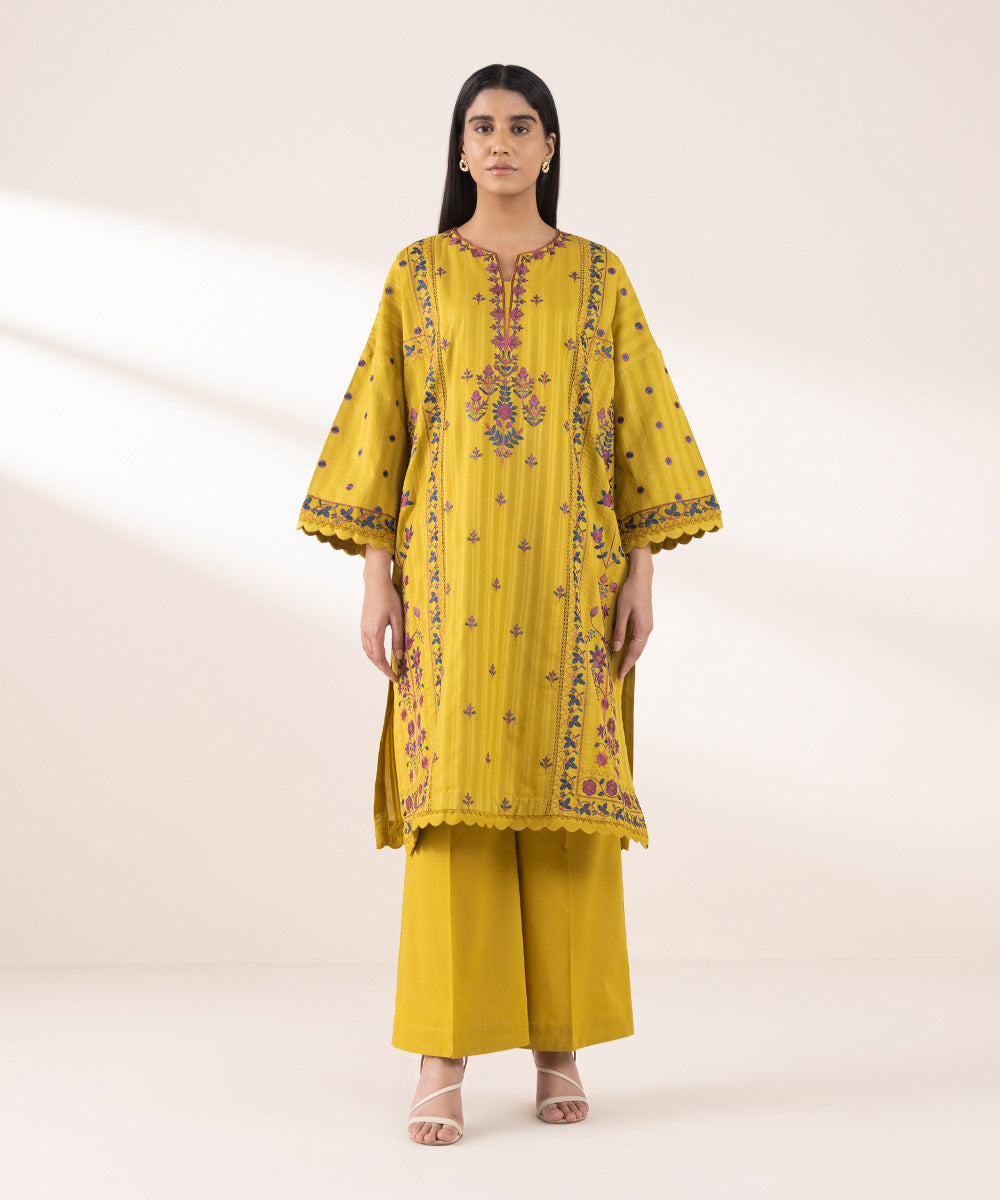 Women's RTW Dobby Yellow Embroidered Boxy Shirt