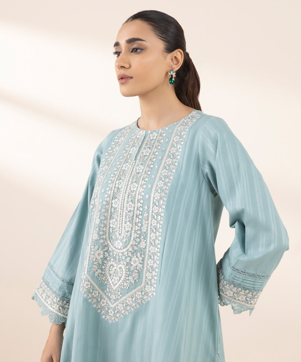 Women's RTW Dobby Blue Embroidered A-Line Shirt