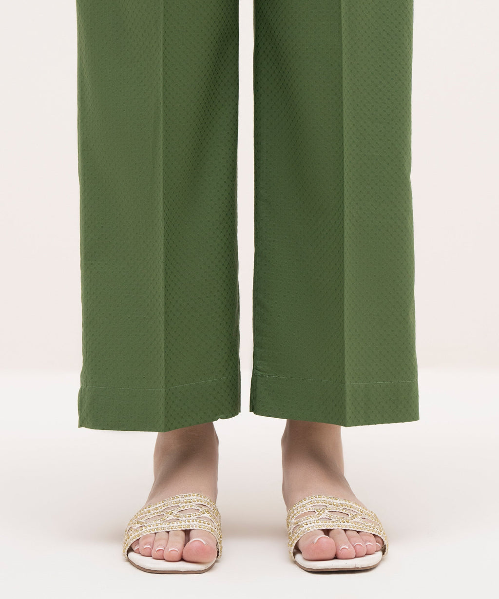 Women's RTW Textured Lawn Green Solid Straight Pants