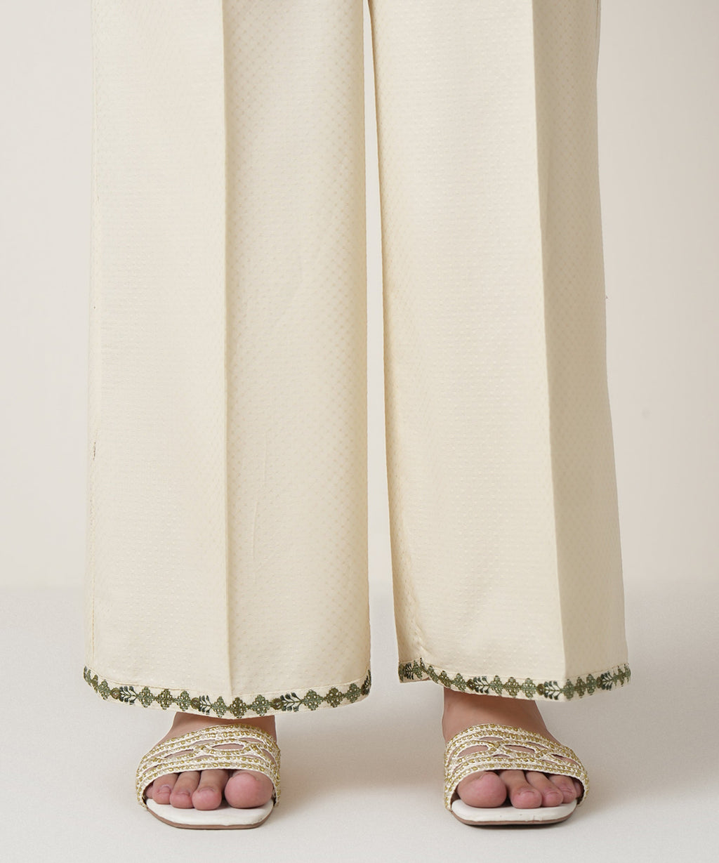 Women's RTW Textured Cotton Off White Embroidered Trousers