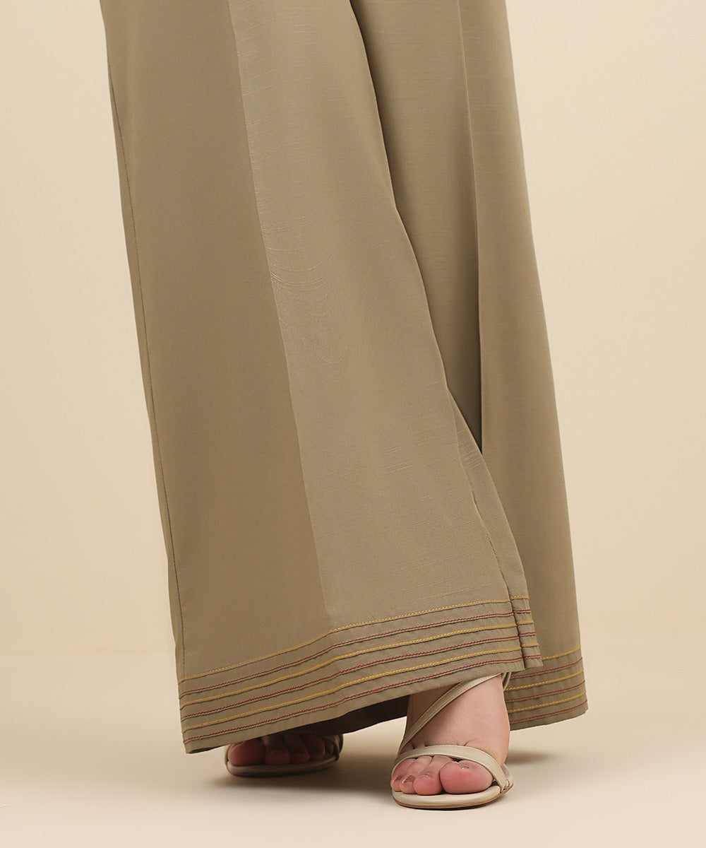 Women's Pret Raw Silk Brown Solid Flared Pants