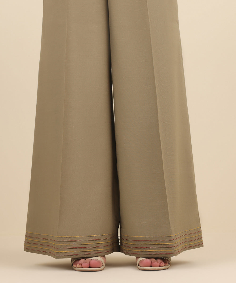 Women's Pret Raw Silk Brown Solid Flared Pants