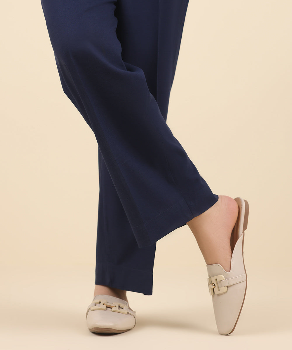 Women's Pret Raw Silk Blue Solid Straight Pants