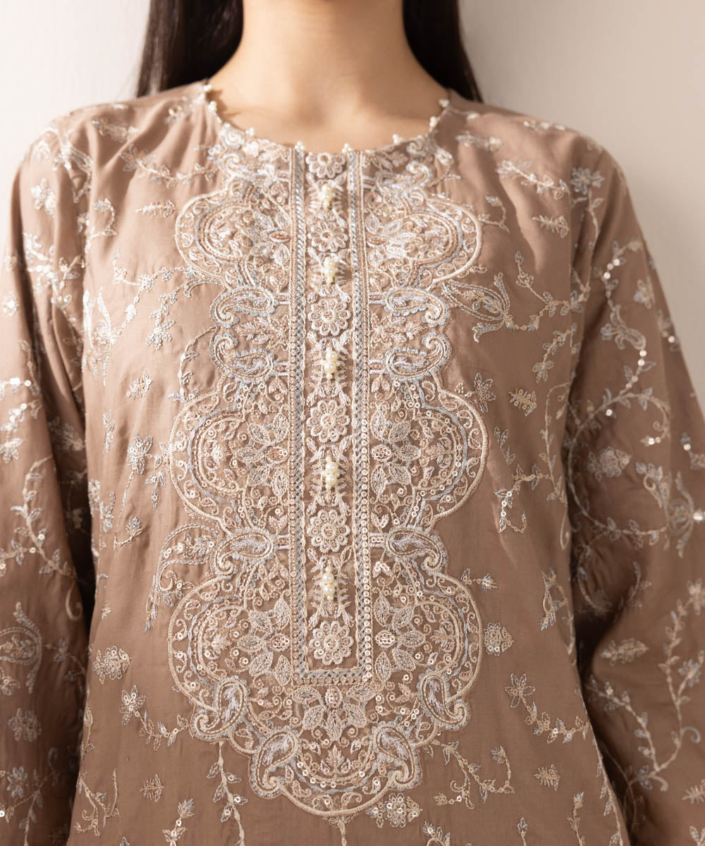 Women's Pret Cotton Satin Brown Embroidered A-Line Shirt