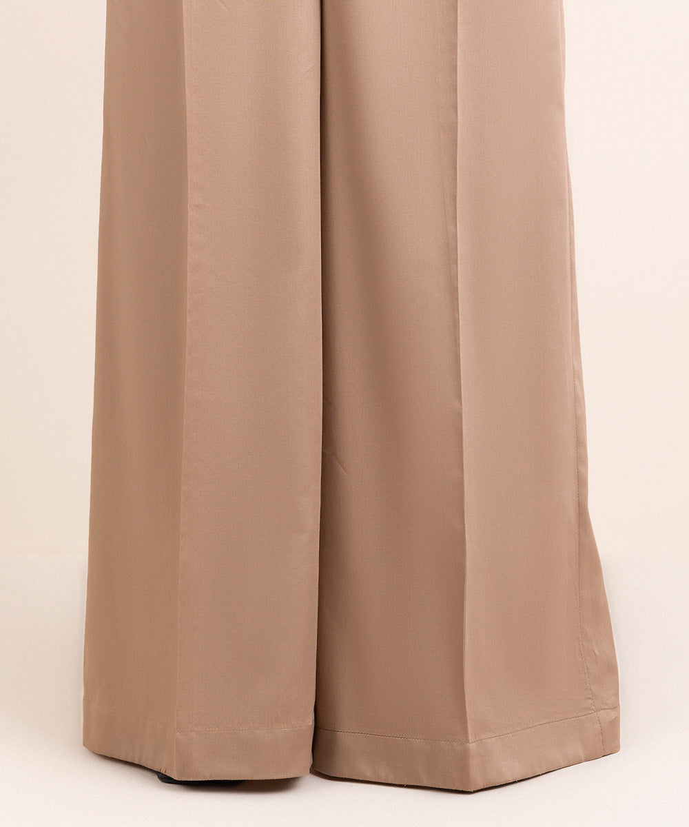 Women's Pret Blended Satin Beige Solid Flared Pants