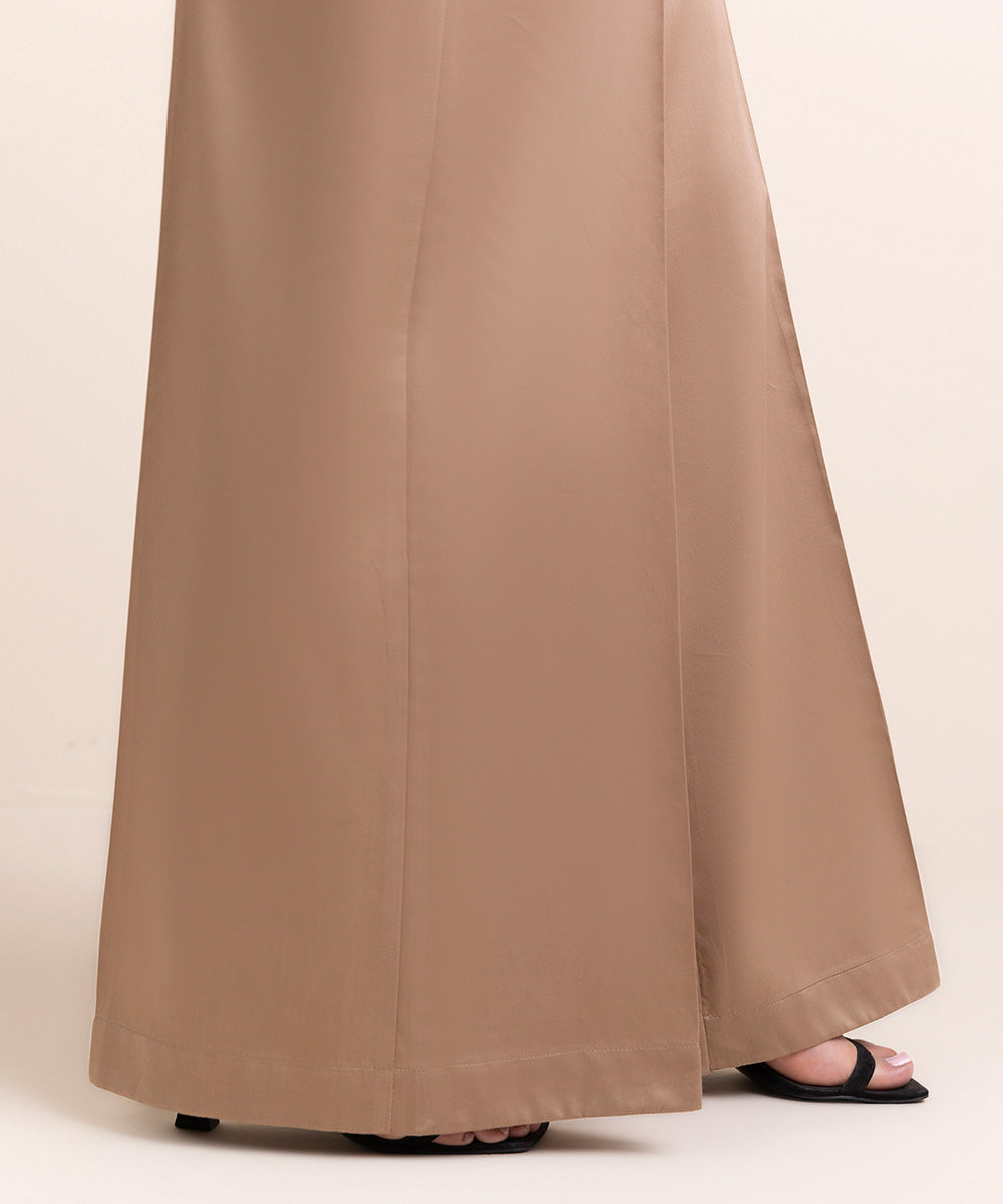 Women's Pret Blended Satin Beige Solid Flared Pants