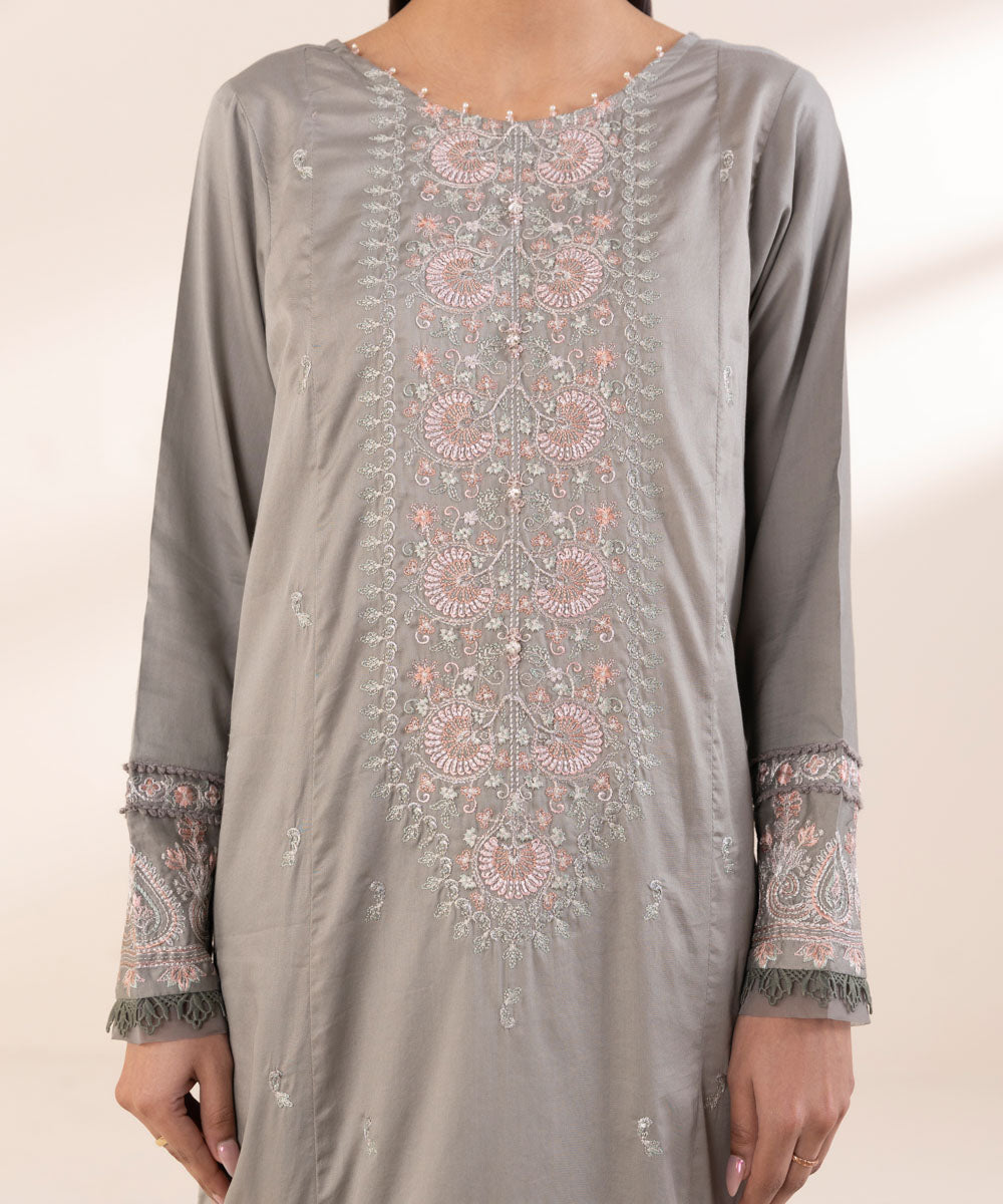 Women's Pret Cotton Satin Green Embroidered A-Line Shirt