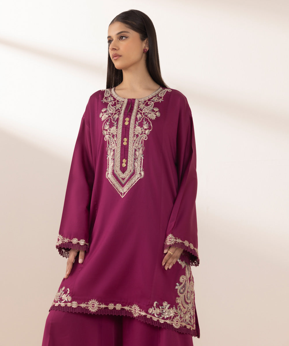 Women's Pret Cotton Satin Purple Embroidered Straight Shirt