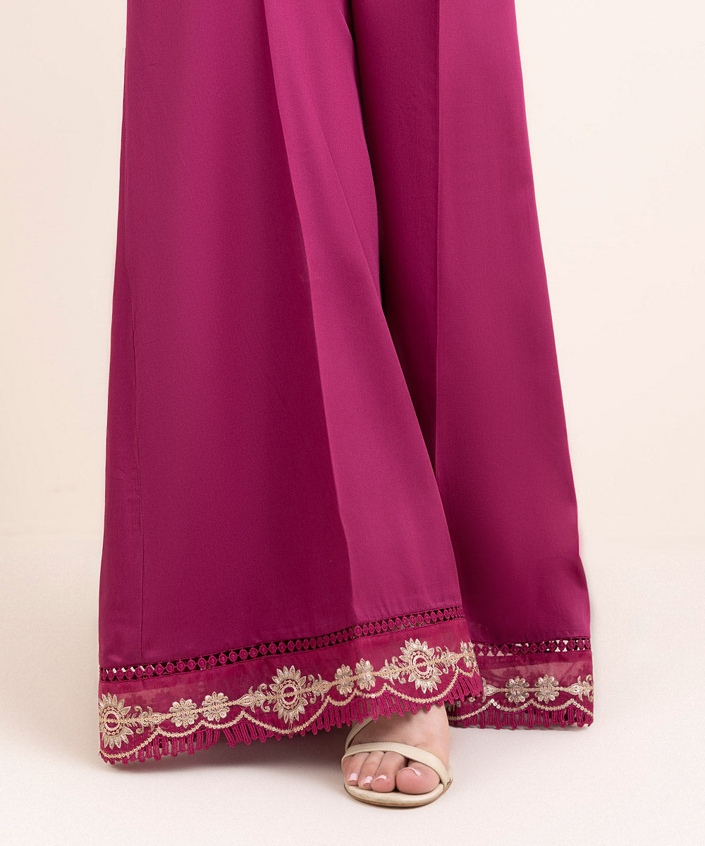 Women's Pret Blended Satin Purple Embroidered Flared Pants