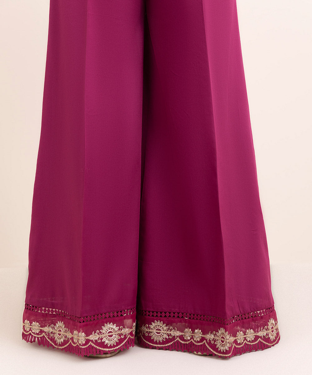 Women's Pret Blended Satin Purple Embroidered Flared Pants