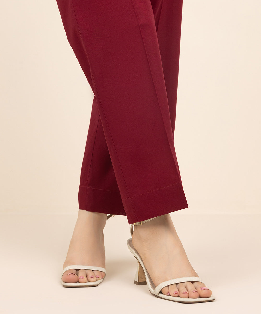 Women's Pret Cambric Red Solid Straight Pants