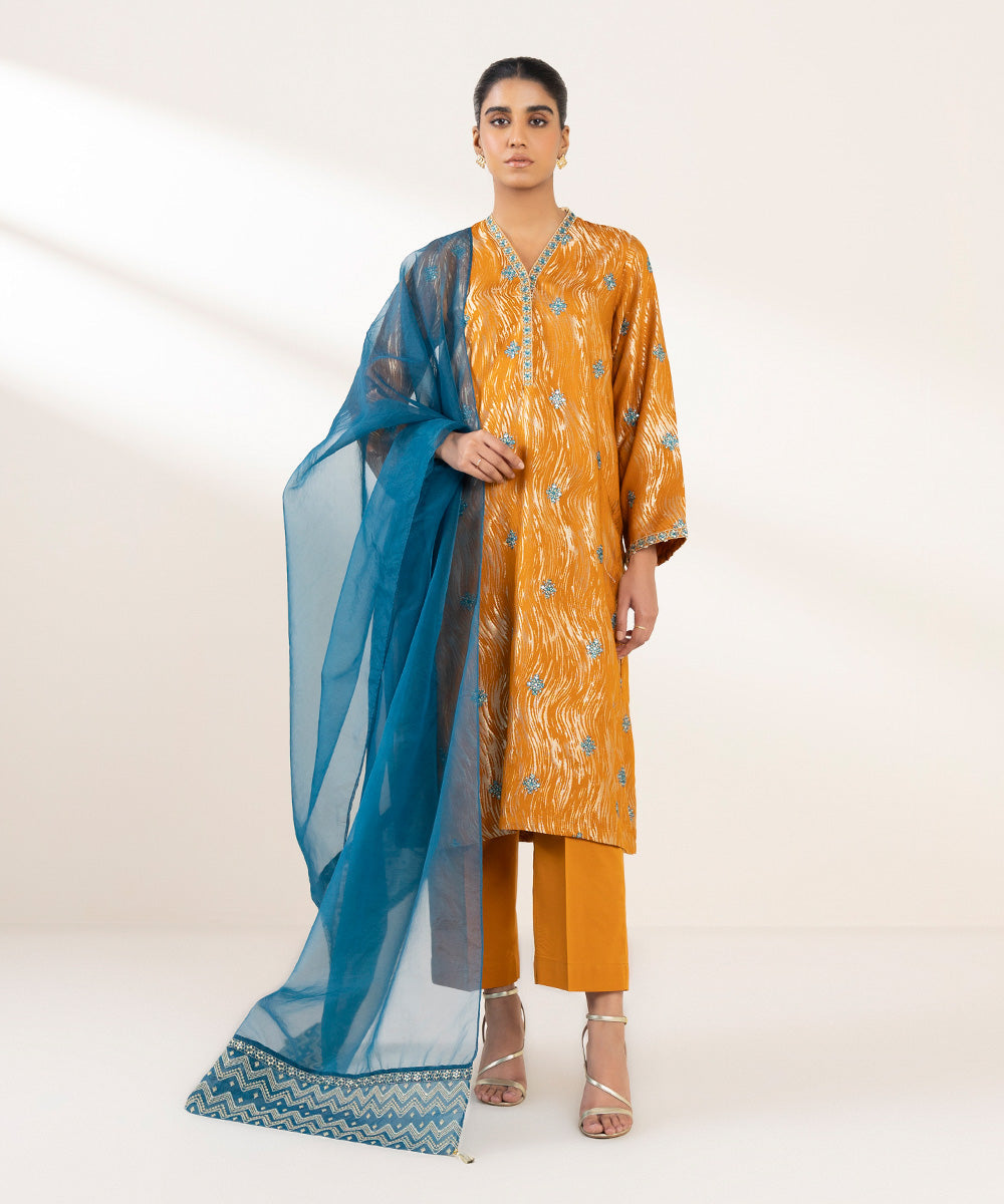 Blended Organza Blue Embroidered Dupatta