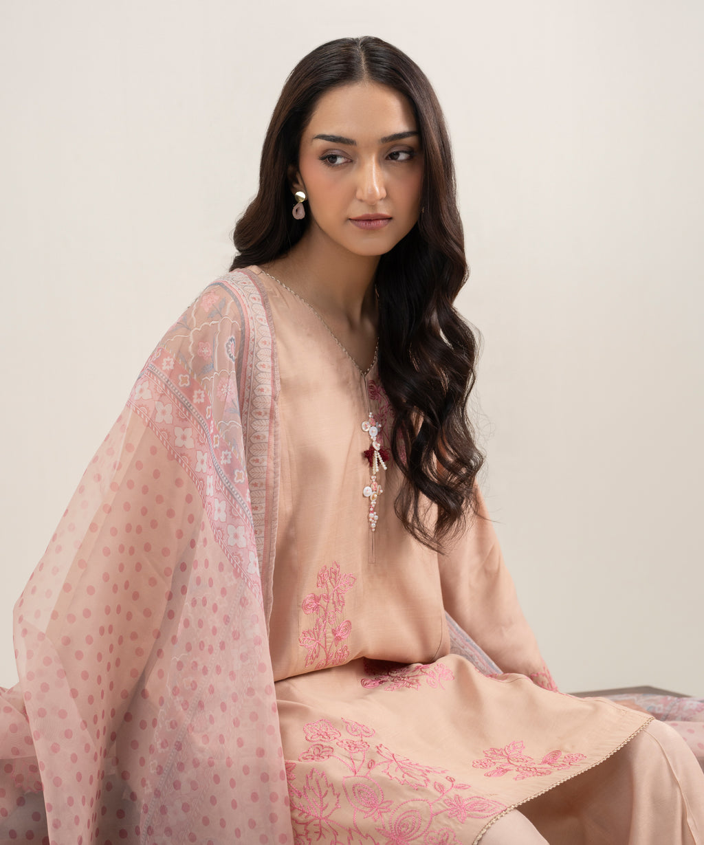 3 Piece - Embroidered Raw Silk Suit