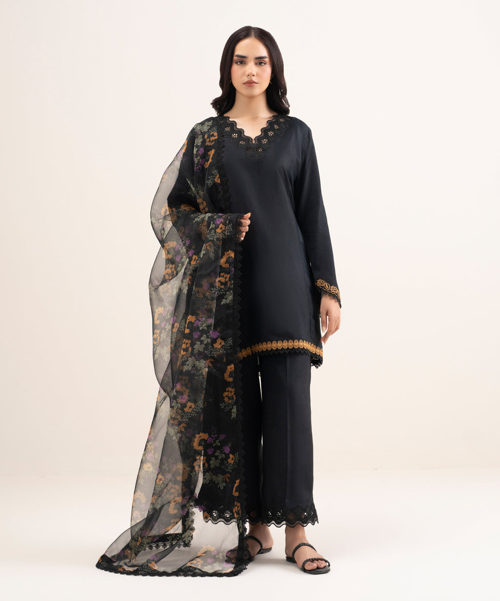 3 Piece - Embroidered Raw Silk Suit