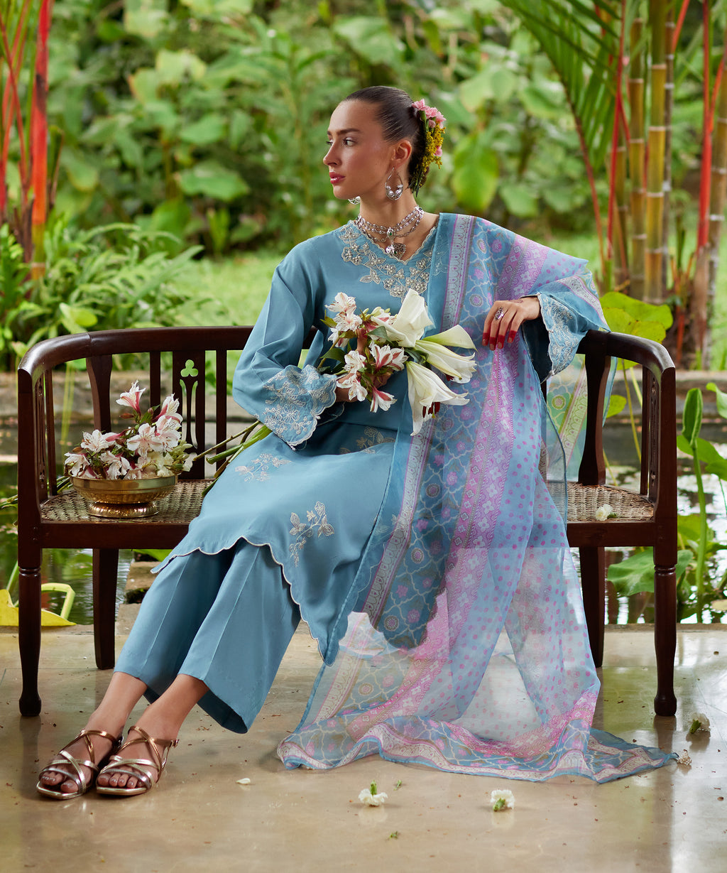 3 Piece - Embroidered Raw Silk Suit