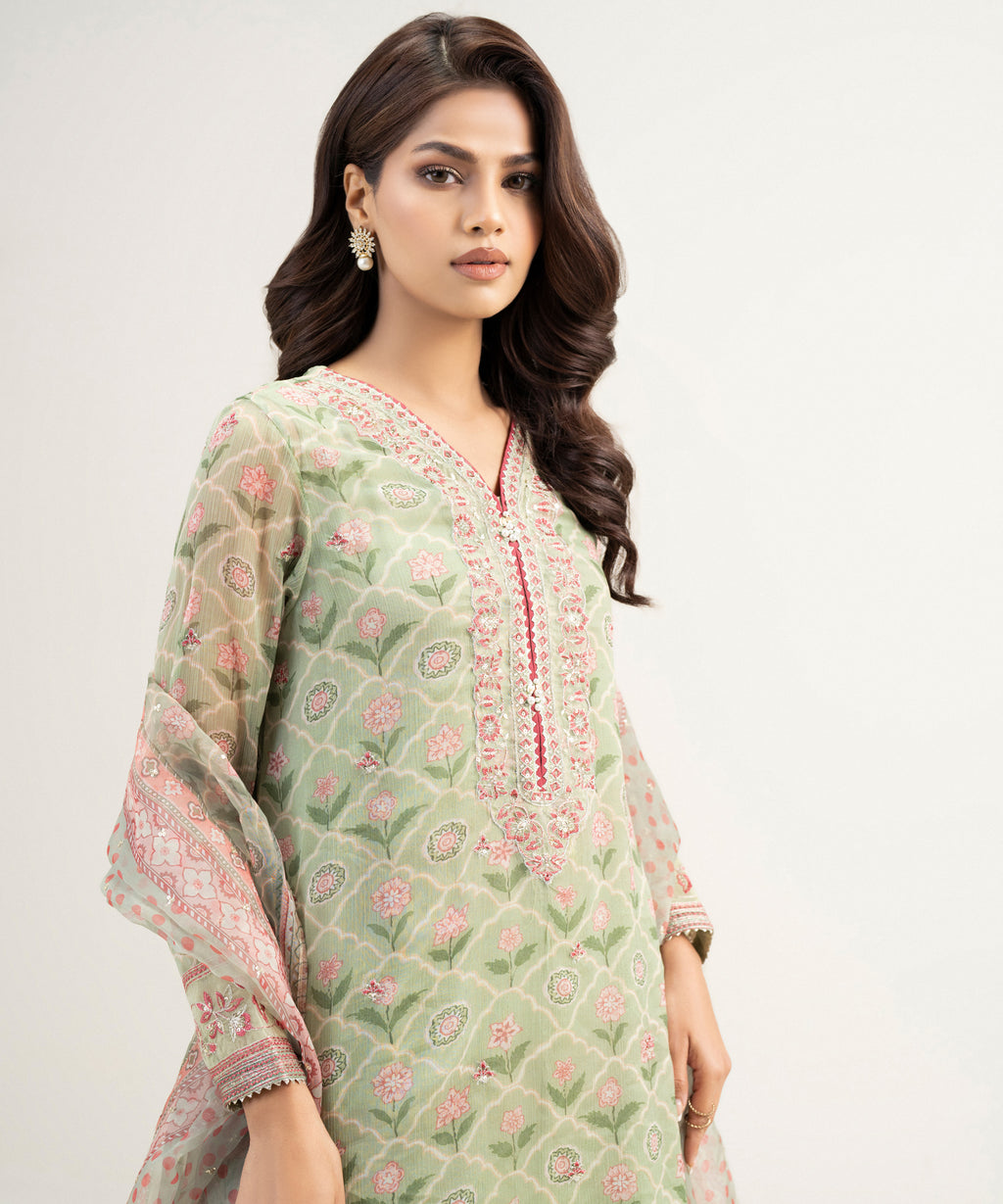 3 Piece - Embroidered Chiffon Suit