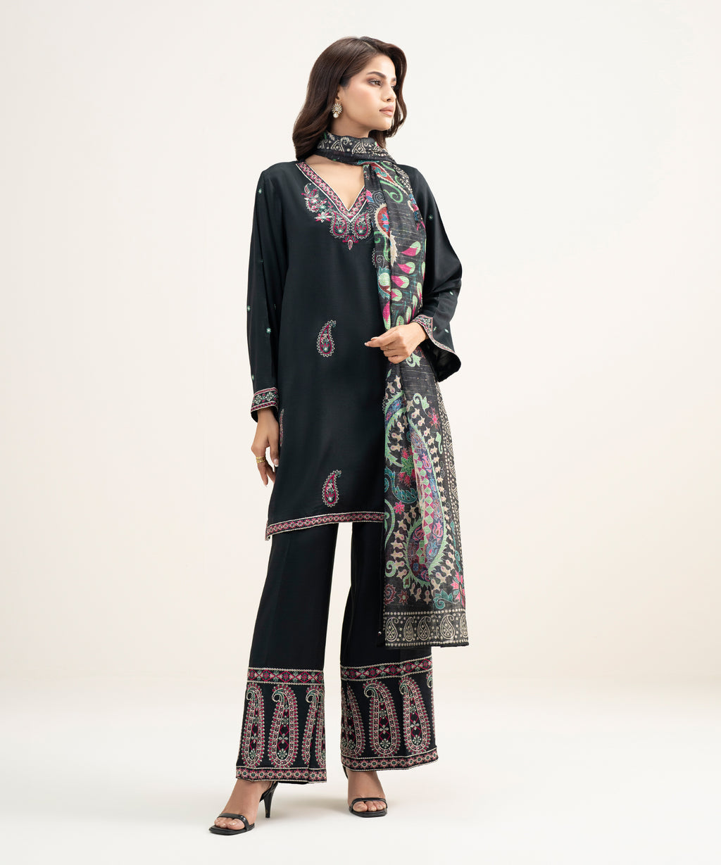 3 Piece - Embroidered Raw Silk Suit