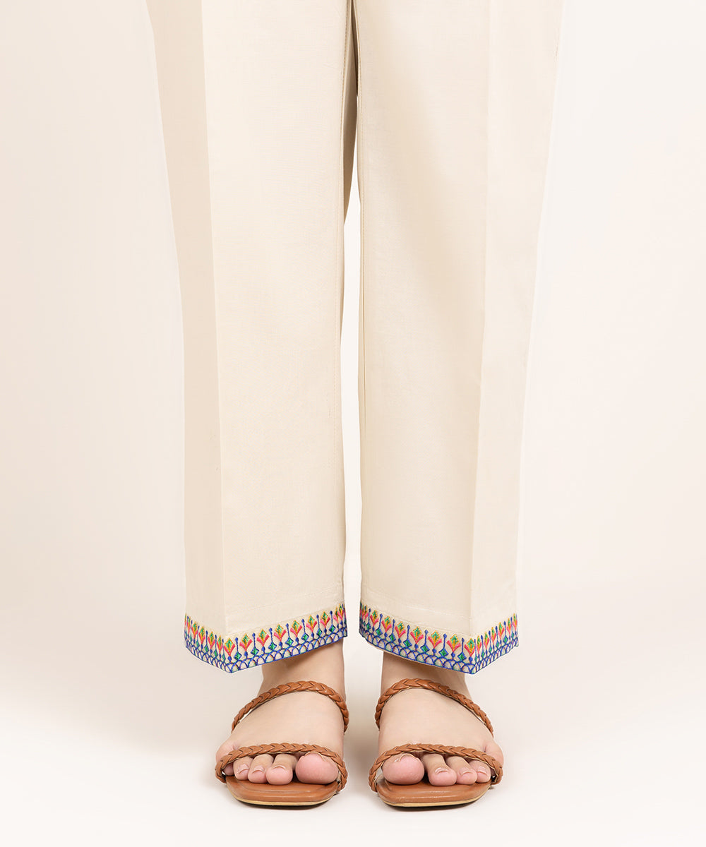 Women's Pret Cambric Embroidered Beige Straight Pants