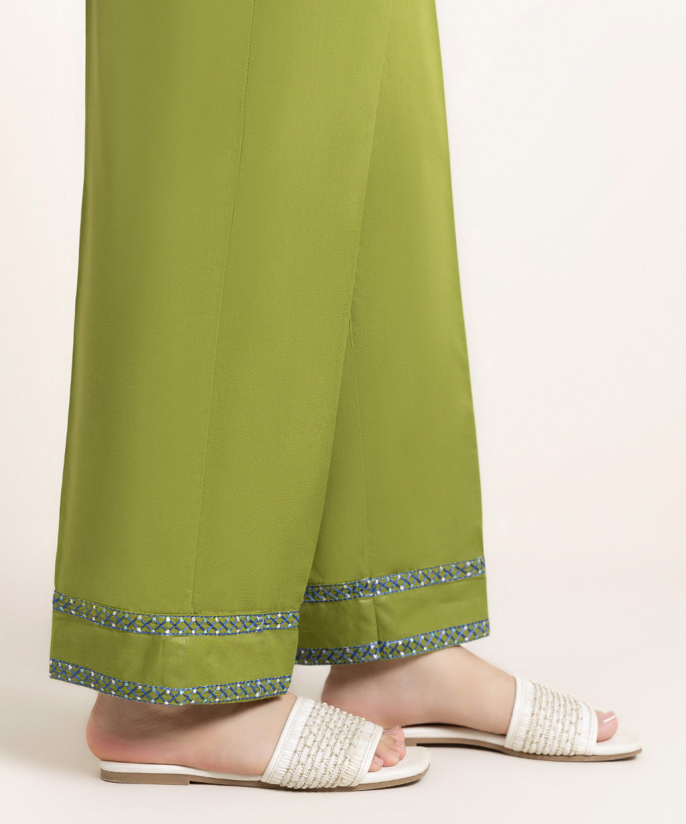 Women's Pret Cambric Embroidered Green Straight Pants