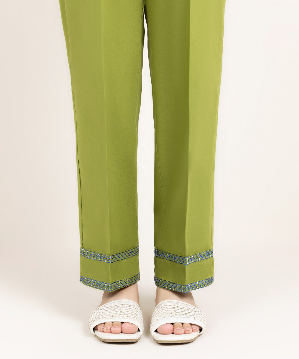 Women's Pret Cambric Embroidered Green Straight Pants