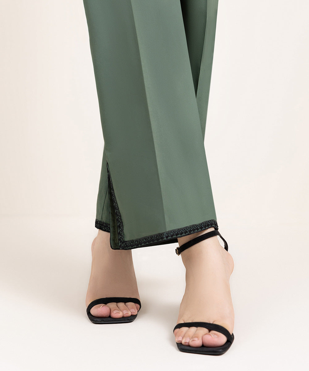 Women's Pret Cambric Embroidered Green Straight Pants