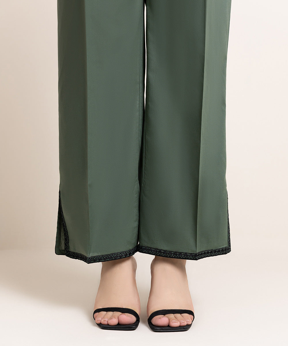 Women's Pret Cambric Embroidered Green Straight Pants