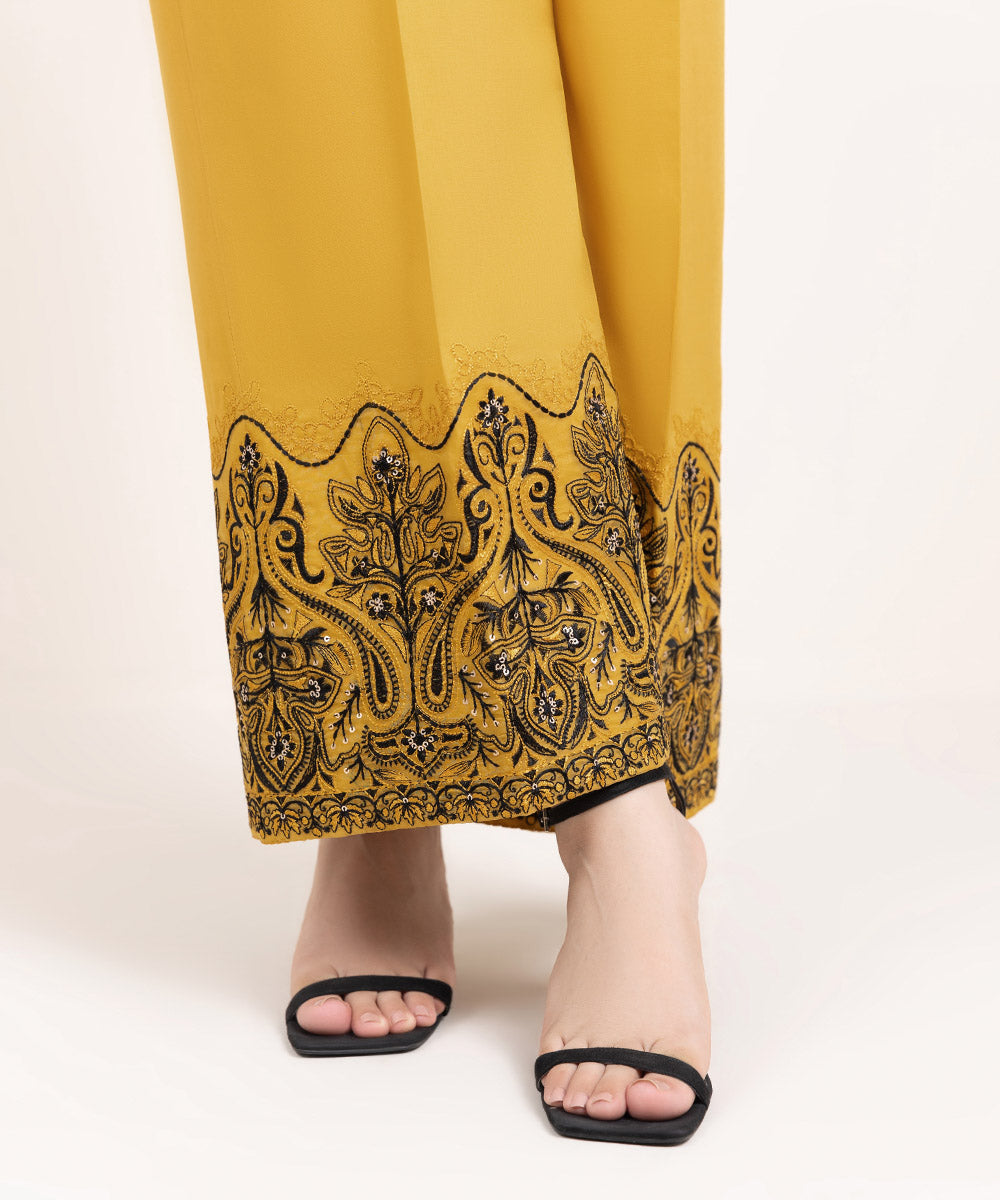 Women's Pret Cambric Embroidered Yellow Culottes