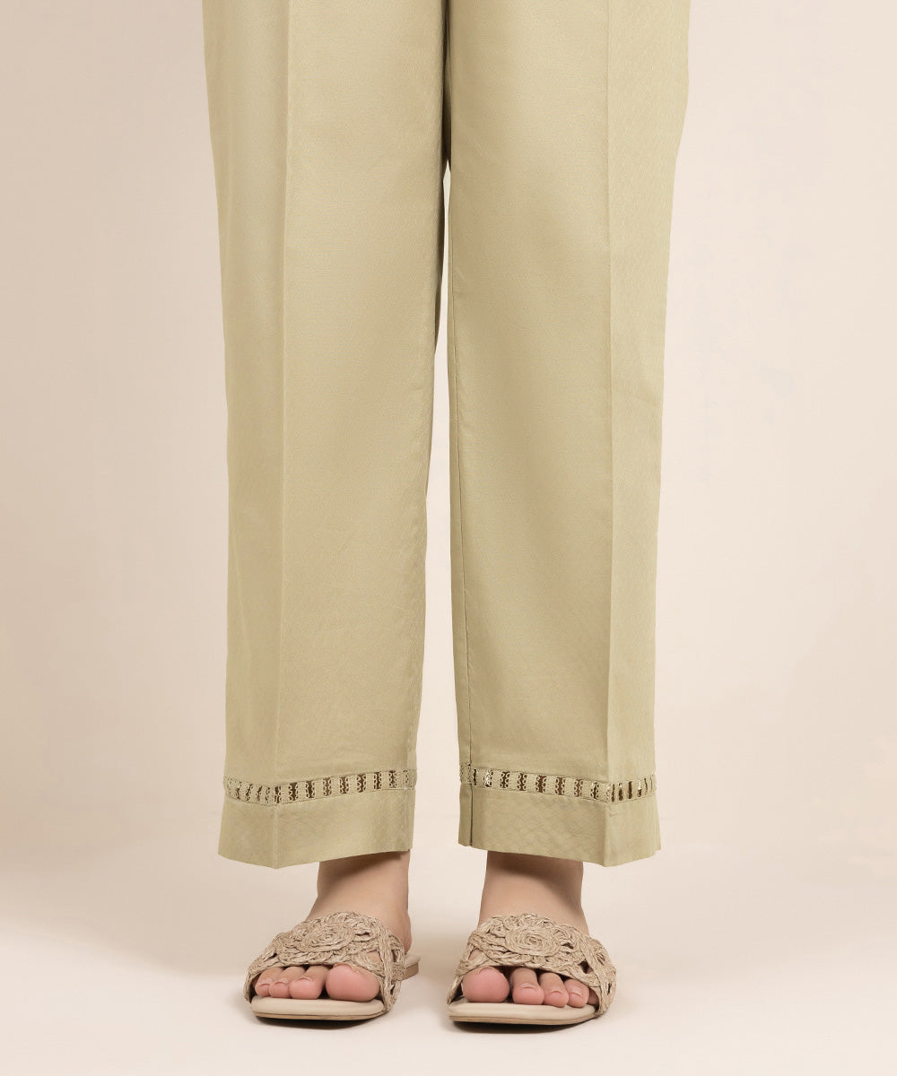 Women's Pret Dobby Solid Beige Straight Pants