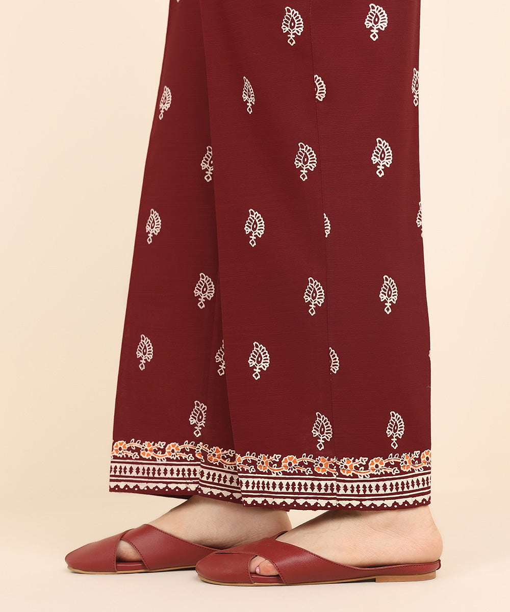 Women's Pret Khaddar Red Printed Straight Pants