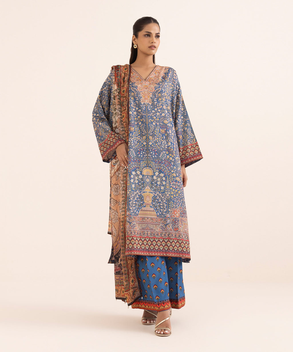 Women's RTW Blended Grip Blue Printed 3 Piece Suit