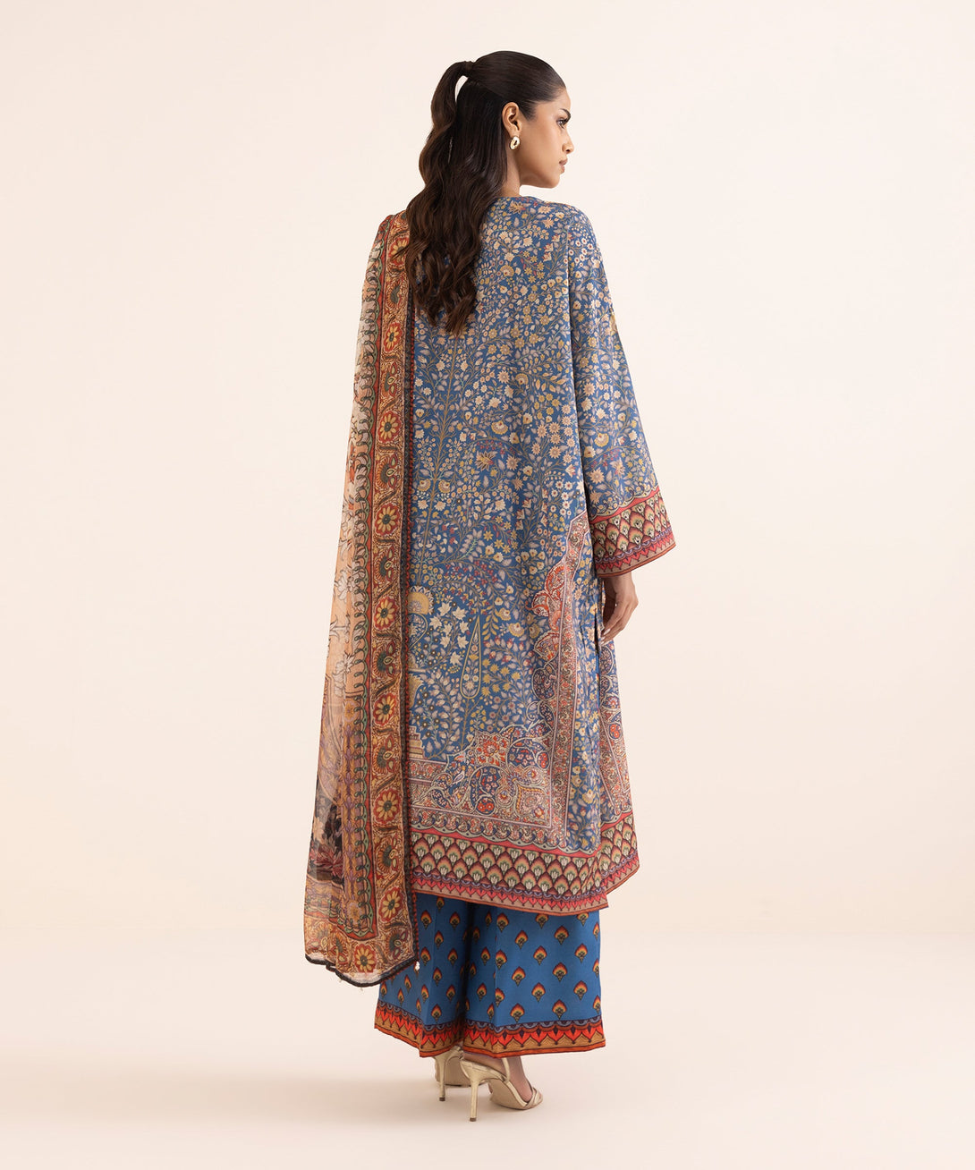 Women's RTW Blended Grip Blue Printed 3 Piece Suit